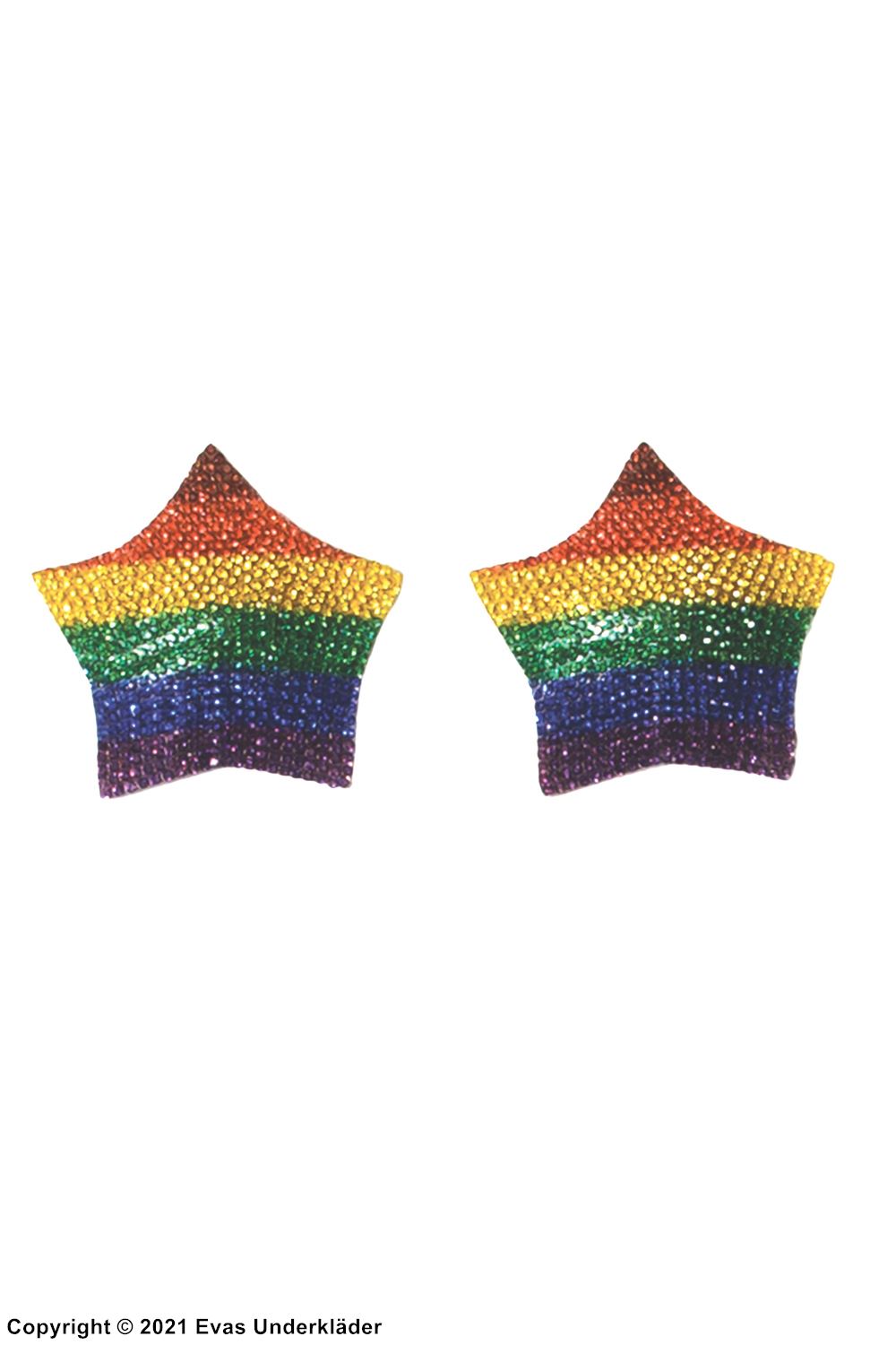 Self-adhesive nipple cover/patch, rhinestones, stars, rainbow color
